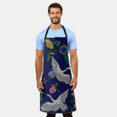 Japanische Krane, Wellen und Blume. Stickereierkra Schürze (Getragen)