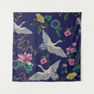 Japanische Krane, Wellen und Blume. Stickereierkra Wandteppich