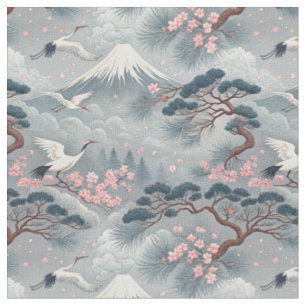 Japanische Kraniche & Kirschblüten Mt Fuji Muster Stoff
