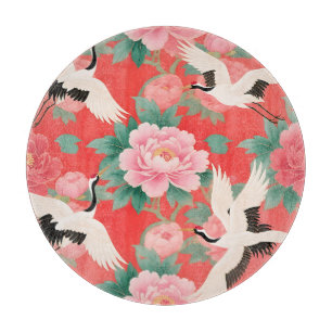 Japanische Kraniche Paonien Rot Chinoiserie Elegan Schneidebrett