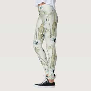 Japanische Kraniche und Bambus-Wasserfarbenmuster Leggings