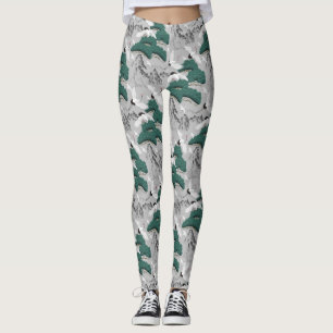 Japanische Kraniche Vögel Grau Grün Künstlerisches Leggings