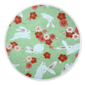 Japanische Kunst: Grüne Sakura und Kaninchen Knoch Keramikknauf (Vorderseite)