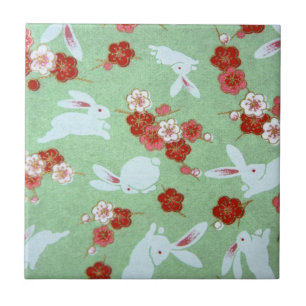 Japanische Kunst: Grüne Sakuras und Rabbits Tile Fliese