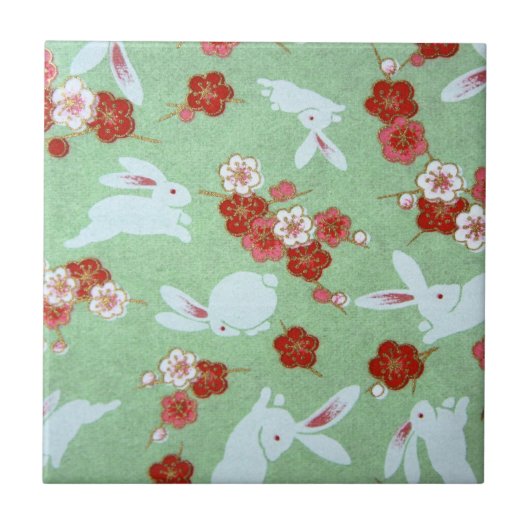 Japanische Kunst: Grüne Sakuras und Rabbits Tile Fliese (Vorderseite)