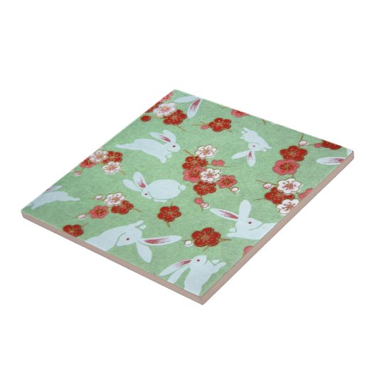 Japanische Kunst: Grüne Sakuras und Rabbits Tile Fliese (Seite)