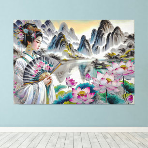 Japanische Kunst mit Lady, Lotus und Bergen Leinwanddruck