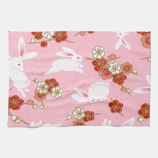 Japanische Kunst: Rosa Sakuras & Rabbits Küchentüc Geschirrtuch (Horizontal)