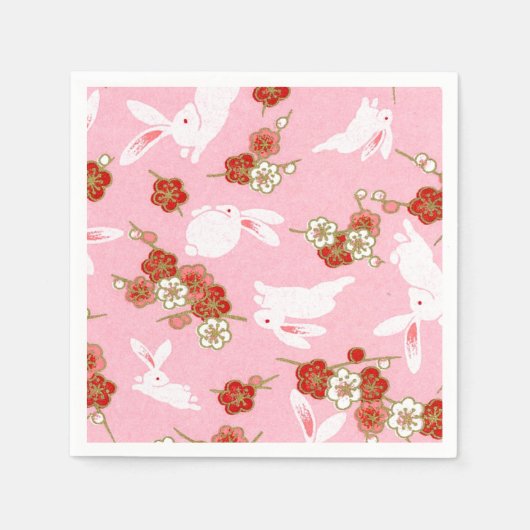 Japanische Kunst: Rosa Sakuras & Rabbits Paper Nap Serviette (Vorderseite)