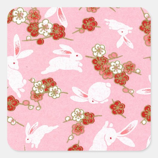 Japanische Kunst: Rosa Sakuras & Rabbits Quadratischer Aufkleber (Vorderseite)