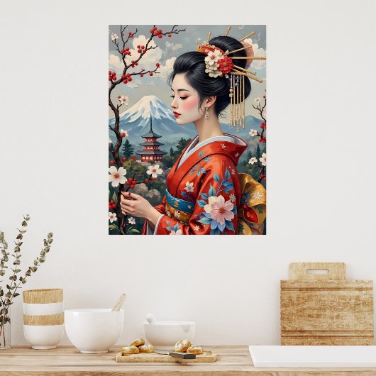 Japanische Lady mit dem Fuji-Berg Poster (Küche)