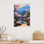 Japanische Landschaft Kirschblüten und Berge Poster (Küche)
