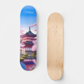 Japanische Landschaft Kirschblüten und Tempel Skateboard (Vorderseite)
