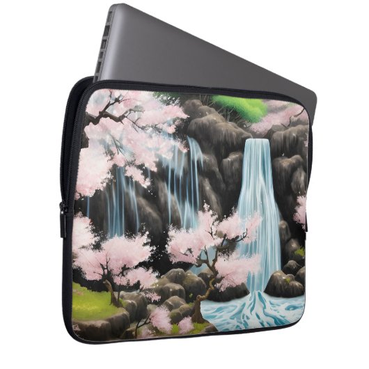 Japanische Landschaft Kirschblüten und Wasserfall Laptopschutzhülle (Vorne Rechts)