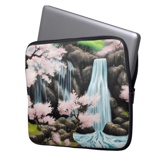 Japanische Landschaft Kirschblüten und Wasserfall Laptopschutzhülle (Vorderseite Links)