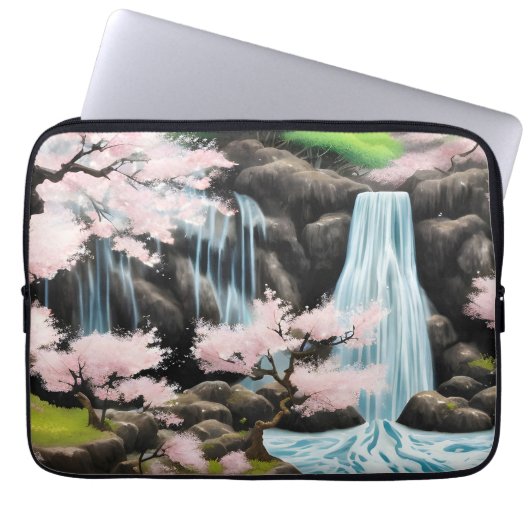 Japanische Landschaft Kirschblüten und Wasserfall Laptopschutzhülle (Vorderseite)