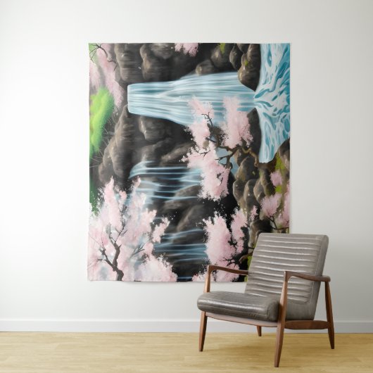 Japanische Landschaft Kirschblüten und Wasserfall Wandteppich (Beispiel)