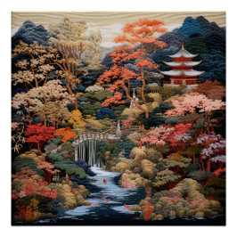 Japanische Landschaft Kunst: Wasserfall und Dorf Poster