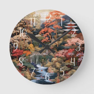 Japanische Landschaft Kunst: Wasserfall und Dorf Runde Wanduhr
