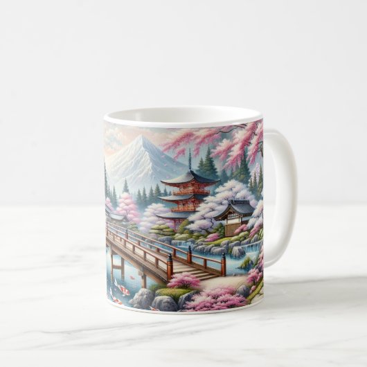 Japanische Landschaft mit Bridge-, Koi- und Sakura Kaffeetasse (VorderseiteRechts)