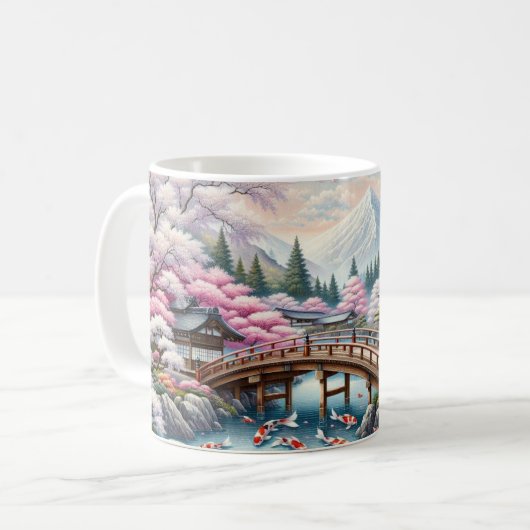 Japanische Landschaft mit Bridge-, Koi- und Sakura Kaffeetasse (Vorderseite Links)