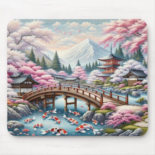 Japanische Landschaft mit Bridge-, Koi- und Sakura Mousepad (Vorne)