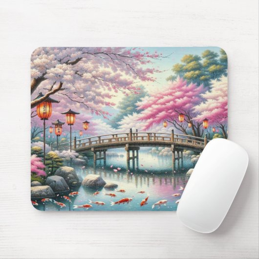 Japanische Landschaft mit Bridge-, Koi- und Sakura Mousepad (Mit Mouse)