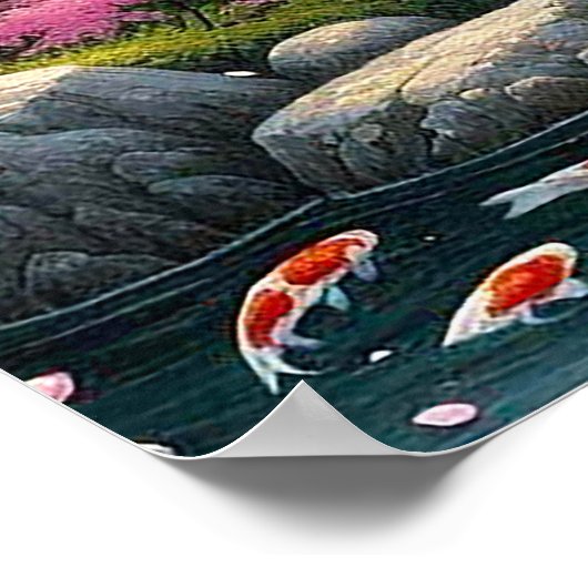 Japanische Landschaft mit Bridge-, Koi- und Sakura Poster (Ecke)
