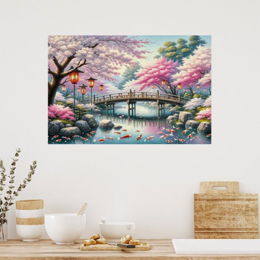 Japanische Landschaft mit Bridge-, Koi- und Sakura Poster (Küche)