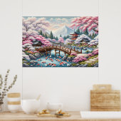 Japanische Landschaft mit Bridge-, Koi- und Sakura Poster (Küche)