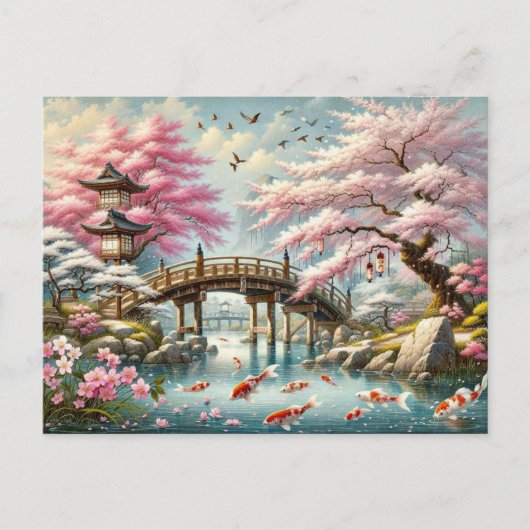 Japanische Landschaft mit Bridge-, Koi- und Sakura Postkarte (Vorderseite)