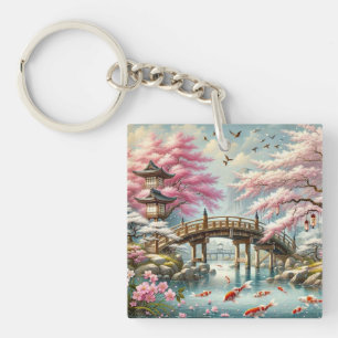 Japanische Landschaft mit Bridge-, Koi- und Sakura Schlüsselanhänger