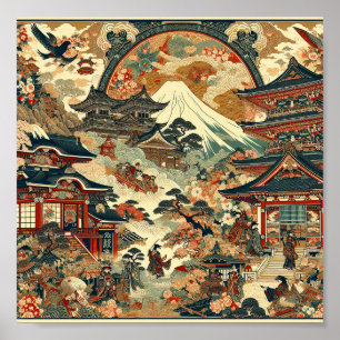 Japanische Landschaft Mt Fuji Tempel Kirschblüten Poster