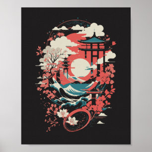 Japanische Landschaft Rote Sonne Pagode & Wellen G Poster