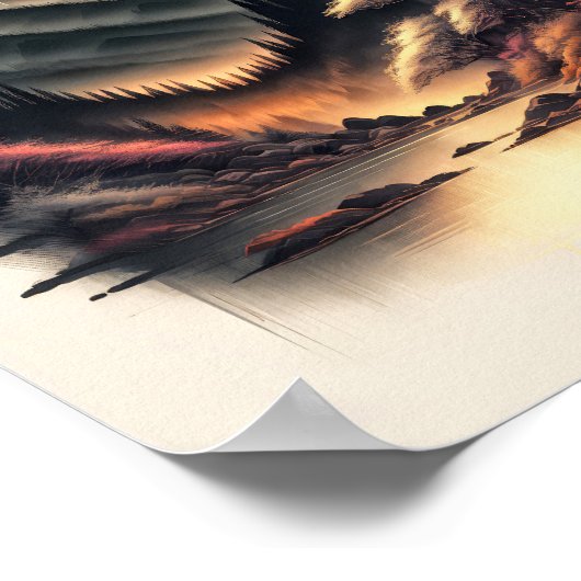 Japanische Landschaftsfarbe zeichnend mit Vulkan Poster (Ecke)