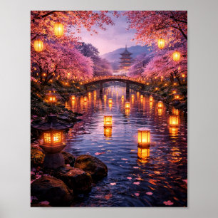 Japanische Laterne Fluss Kirschblüten Poster