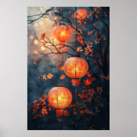 Japanische Laternen in der Nacht – Warme Aquarell-