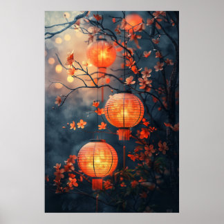 Japanische Laternen in der Nacht – Warme Aquarell- Poster