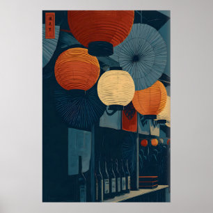 Japanische Laternen-Wandkunst - Grafischer Nachtma Poster