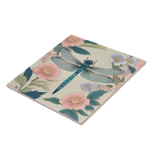 Japanische Libelle Art Pastell Green & Pink Fliese (Seite)