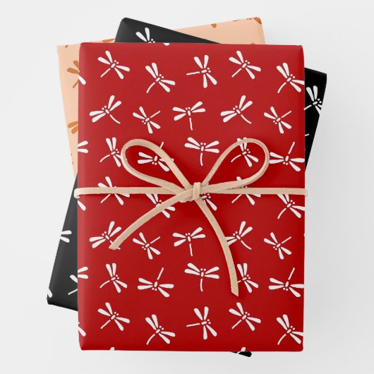 Japanische Libellenmuster, rot, schwarz, orange Geschenkpapier Set (Beispiel)