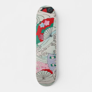 Japanische Lüfter auf dem Vintagen Wellenmuster Skateboard