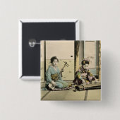 Japanische Mädchen, welche die Flöte, "den Koto" Button (Vorne & Hinten)