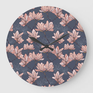 Japanische magnolische Blume, nahtlos, Vintag Große Wanduhr