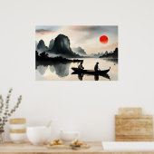 Japanische Männer Segelboot Abend River Landscape Poster (Küche)