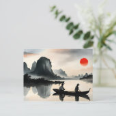 Japanische Männer Segelboot Abend River Landscape Postkarte (Stehend Vorderseite)