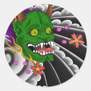 Japanische Maskengestaltung Tätowierdesign Runder Aufkleber