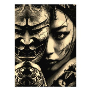 Japanische maskierte Frau dunkles Tattoo Realismus Fotodruck