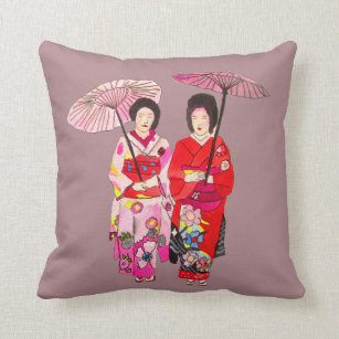Japanische moderne Geisha mit rosa Kimono und Obi Kissen