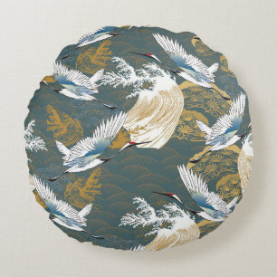 Japanische Muster für Vintage Kranvögel Rundes Kissen